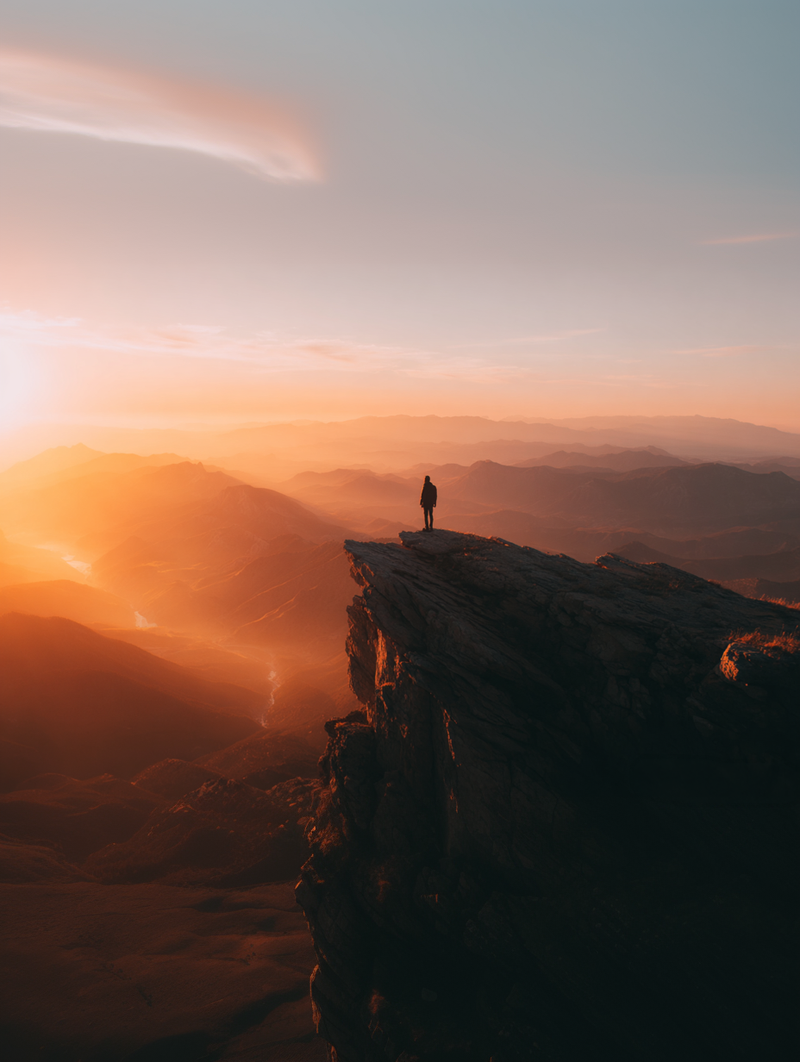 A single person at the edge of a dramatic landscape, evoking the frontier of longevity research