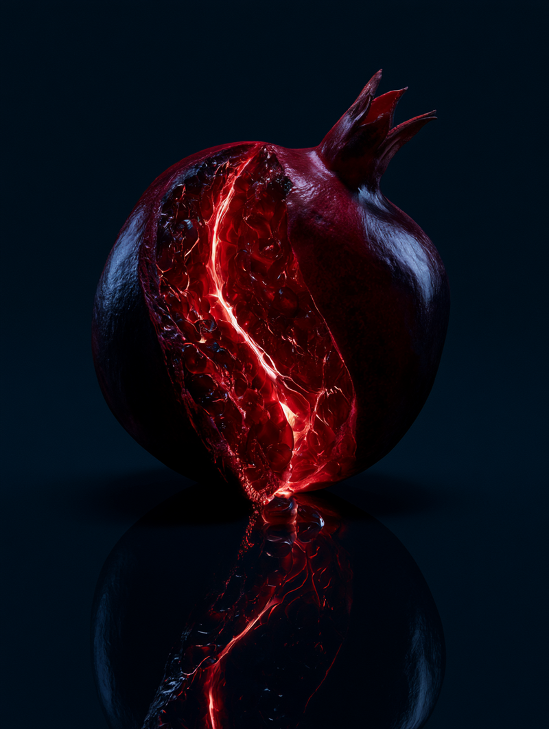 Dark red pomegranate split open with a glowing crimson interior against a black background