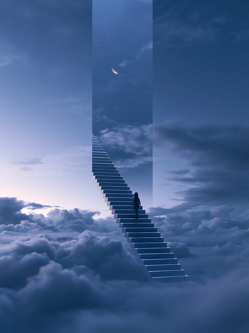 Surreal staircase rising into pale dawn clouds, the nightly descent into restorative sleep