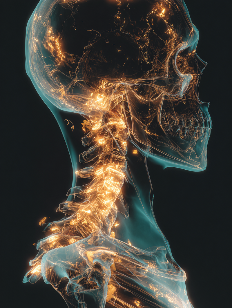 An artistic science-editorial rendering of partial human anatomy.
