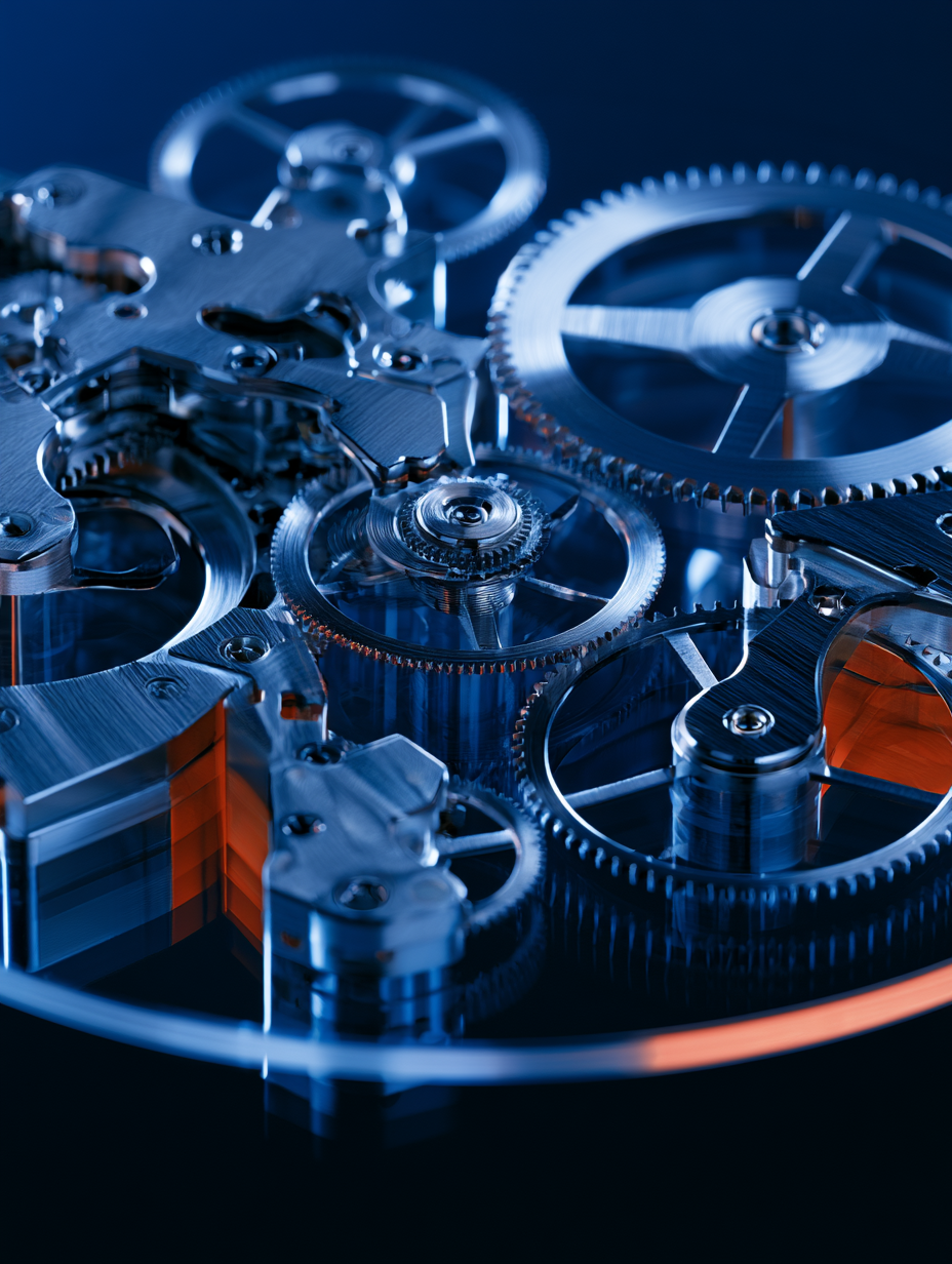 Macro view of an intricate watch movement, its gears and springs interlocking in blue and amber light