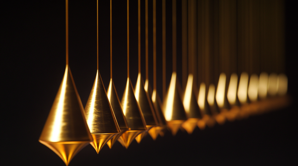 A close-up of a row of hanging metallic gold pendulum weights suspended against a dark background.