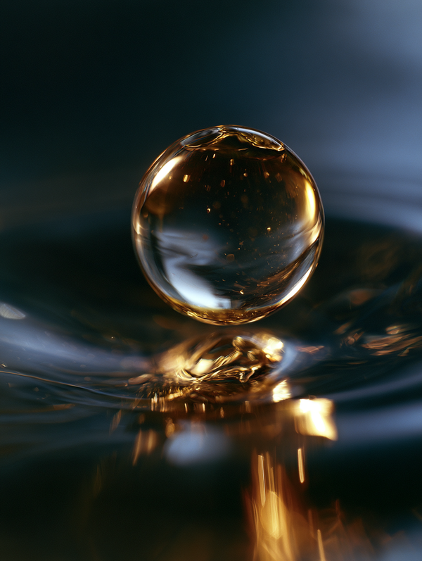 A close-up macro shot of a clear, golden liquid droplet suspended above a dark, rippling surface with a warm reflection below.
