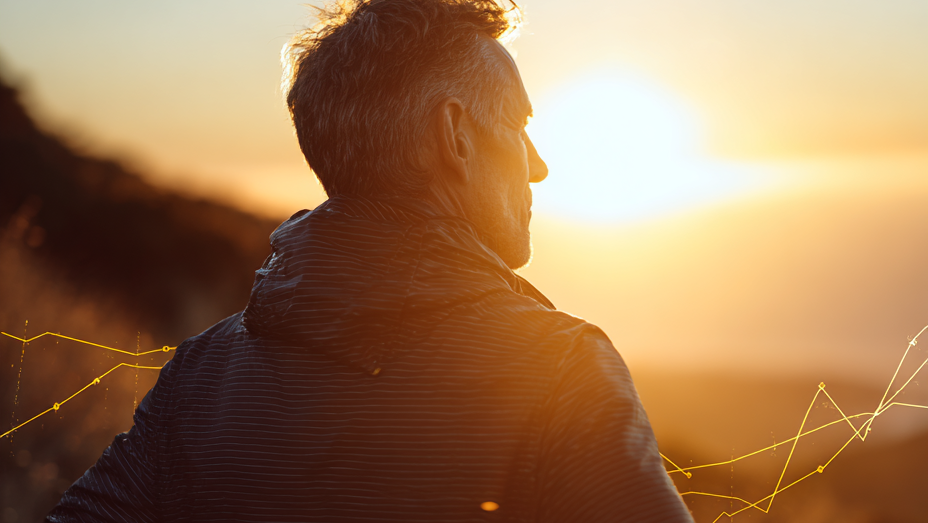 Man standing in a field with the sun setting behind him